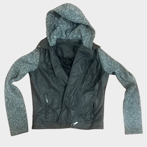 Jou Jou Jackets & Blazers - Gray Faux Leather Jacket with Knit Sleeves and Removable Hood